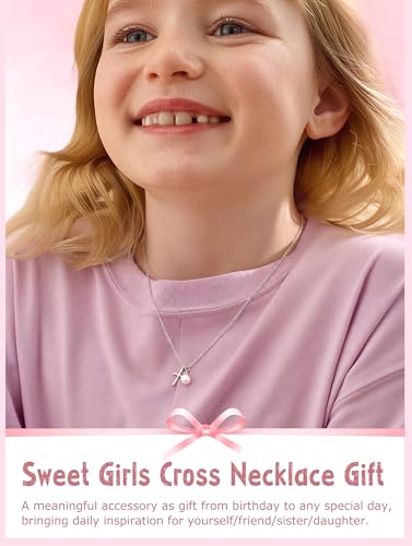 S925 Sterling Silver Cross Necklace for Girls, Baptism First Communion Confirmation Gifts, Pearl Heart Pendant Necklaces, Back to School Graduation Easter Birthday Faith Gift Age: Over 8 Years Old - style: Pearl Cross