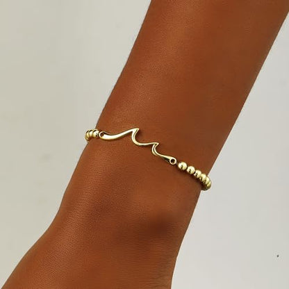 Beaded Bracelets for Women 14K Silver Gold Plated Stretch Handmade Ball Bracelets Cute Charm Bracelet Dainty Stackable Cross Heart Bow Wave CZ Circle Trendy Jewelry Easter Gifts - color: Gold-2