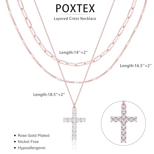 Poxtex Layered Gold Necklaces for Women, Stackable Dainty 14K Gold Silver Plated Trendy Simple Heart Diamond Cross Bow Circle Pendant Paperclip Choker Dot Chain Necklace,Jewelry Set Gifts for Women - color: Rose Gold, style: Cross2