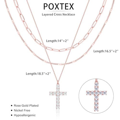 Poxtex Layered Gold Necklaces for Women, Stackable Dainty 14K Gold Silver Plated Trendy Simple Heart Diamond Cross Bow Circle Pendant Paperclip Choker Dot Chain Necklace,Jewelry Set Gifts for Women - color: Rose Gold, style: Cross2