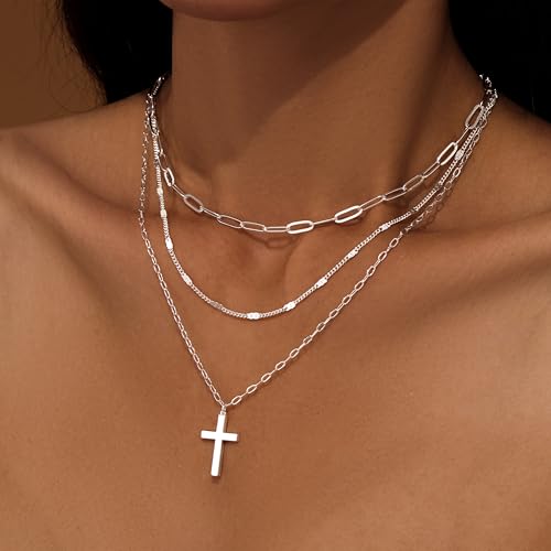 Poxtex Layered Gold Necklaces for Women, Stackable Dainty 14K Gold Silver Plated Trendy Simple Heart Diamond Cross Bow Circle Pendant Paperclip Choker Dot Chain Necklace,Jewelry Set Gifts for Women - color: Silver, style: Cross1