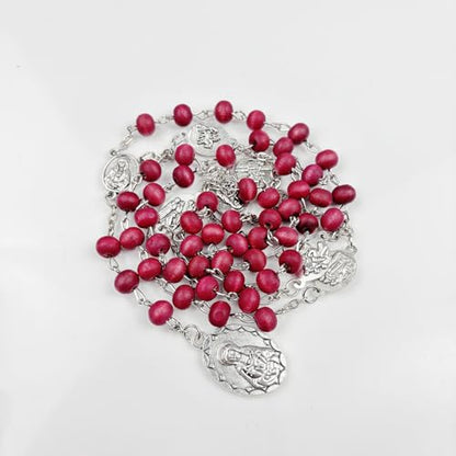 Seven Sorrows of Mary Rosary Wooden Beads Catholic Jewelry Necklace for Pray - color: Red