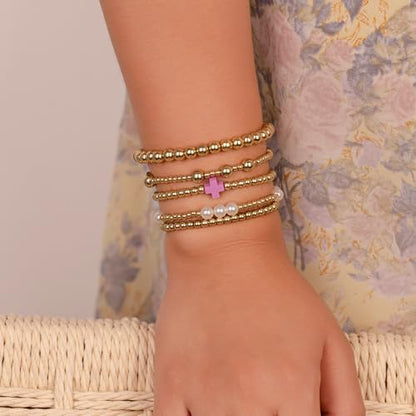 Gold Beaded Pearl Cross Bracelets Stackable Christian Stretch Jewelry Set - color: Purple