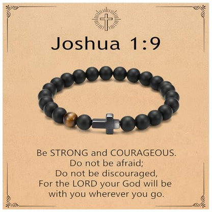 Men’s Cross Bracelet with Elastic Rope,Natural Stone Beaded Bracelet with Stainless Steel Cross,Black Agate & Tiger Eye, Religious Fashion Jewelry for Men/teen - color: Joshua 1:9, size: 8