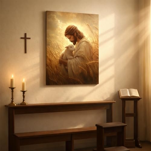 Jesus with Lamb Canvas Wall Art, Gallery Wrapped Christian Print, 12x16 - color: Jesus And Lamb, size: 16"L x 12"W