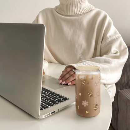 SANDJEST Bee 16oz Can Glass Tumbler with Acrylic Lid & Straw - Iced Coffee Cup for Women Girls, Aesthetic Cups Gifts for Birthday Christmas - color: Bee