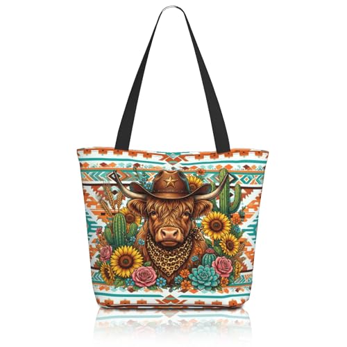Christian Tote Bags for Women Bible Bags for Women Religious Gifts Bible Church Bag Reusable Grocery Shopping Bag - color: Flowers Highland Cow