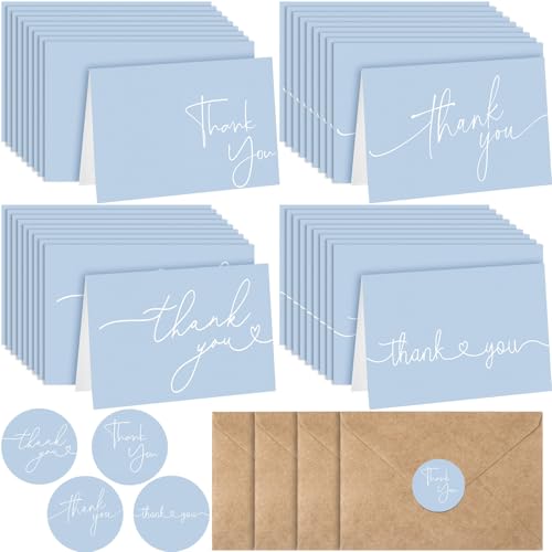 Teling 200 Set Thank You Cards with Envelopes Bulk, 6 x 4 Inch Blank Thank U Greeting Notes with Brown Kraft Envelopes Stickers Thankyou Card Set for Graduation Wedding Birthday Baby Shower(Blue) - color: Blue