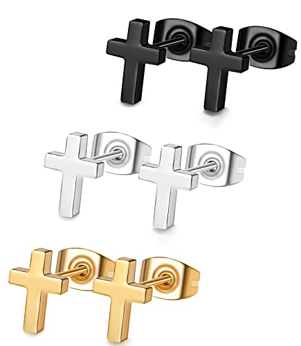 FUNRUN JEWELRY 3Pairs Stainless Steel Cross Earrings for Women Men - Hypoallergenic Tiny Dainty Studs, Lightweight & Comfortable Daily Wear