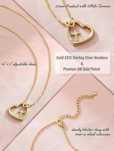 S925 Sterling Silver Cross Necklace for Girls, Baptism First Communion Confirmation Gifts, Pearl Heart Pendant Necklaces, Back to School Graduation Easter Birthday Faith Gift Age: Over 8 Years Old - style: Heart Clear CZ