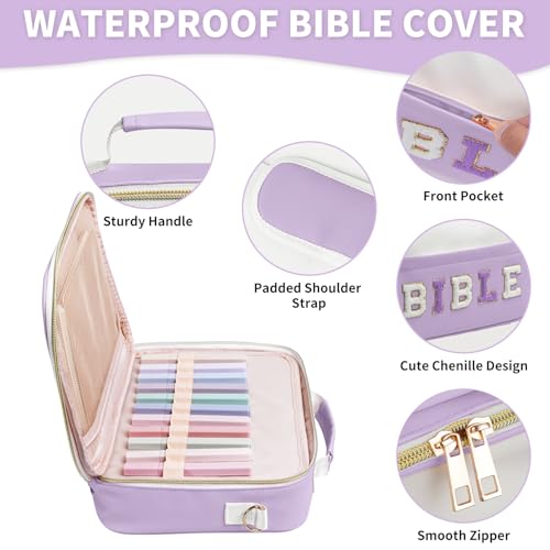KOPKOFT Bible Cover Case for Women, Large Chenille Letter Leather Bible Case with Bible Study Accessories, Bible Study Supplies Bible Journaling Kit, Christmas Christian Gift for Women Girls (Purple) - color: Purple