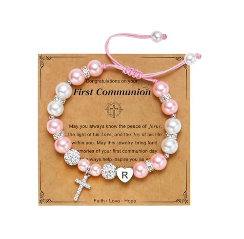 Initial A-Z Cross Bracelet for Girls, Baptism First Communion Confirmation Religious Christian Gifts for Daughter Godchild - color: Initial (R), size: First Communion