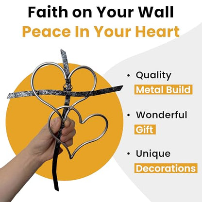 Taprion Wall Cross,Silver Heart Cross Religious Wall Art- 10Inch