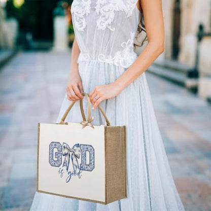 KongMoTree Christian Tote Bags, Coquette Bow Bag with Floral Christians Gifts for Mom, Wife, Sisters, Best Friends - color: God is Good Blue
