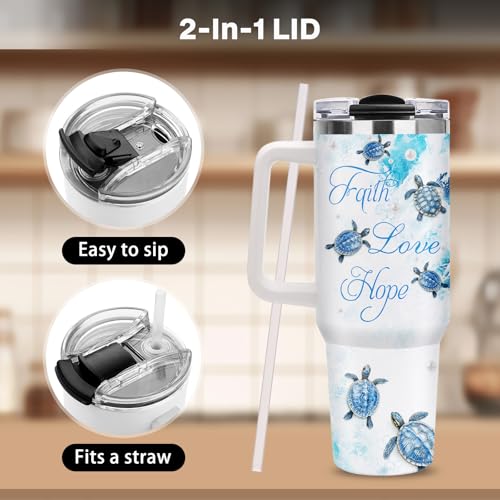 Christian Gifts for Women, 40oz Sea Turtle Tumbler with Straw Handle, Religion Faith Love Hope Stainless Steel Insulated Travel Mug Beverage Cups Present for Get Well Soon Birthday Spiritual Comfort - color: Sea Turtle-D-505-X