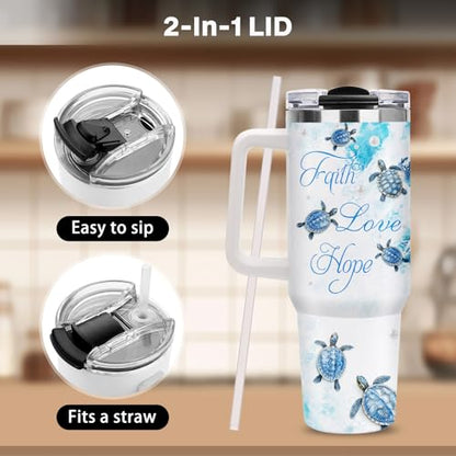Christian Gifts for Women, 40oz Sea Turtle Tumbler with Straw Handle, Religion Faith Love Hope Stainless Steel Insulated Travel Mug Beverage Cups Present for Get Well Soon Birthday Spiritual Comfort - color: Sea Turtle-D-505-X