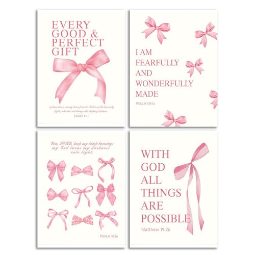 RERNIE 4 Pcs Bible Verses Canvas Wall Art Christian Scripture Print Poster Picture Religious Gallery Artwork for Girls Bedroom Pink Bow Inspirational Decor 12x16 Inch Unframed - color: Pink Bible Bow, size: 12x16 inch