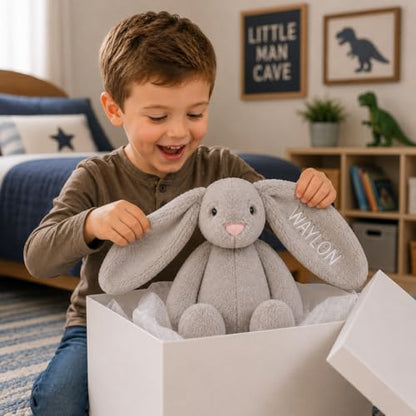 Personalized Embroidered Grey Stuffed Bunny, Infant Easter, Easter Gift Baby, Stuffed Rabbit, Baby Stuffed Animal, Stuffy, Bunny Plush, Newborn Toy, Plushies for Boys, Custom Plush (Grey Bunny) - color: Grey Bunny