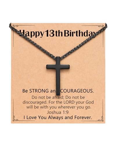 Birthday Gift Cross Necklace for Boy 8–30 Year Old with Joshua Card - style: 13th birthday