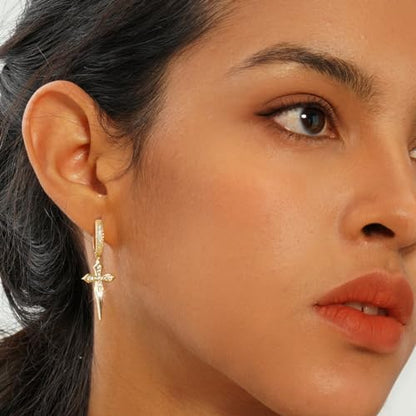 TOPGRILLZ Cross Hoop Dangle Earrings 925 Sterling Silver 5A+ Cubic Zirconia 14K Gold Hypoallergenic Cross Hoop Cuff Huggie Drop Earrings For Men Women - color: 925S Gold