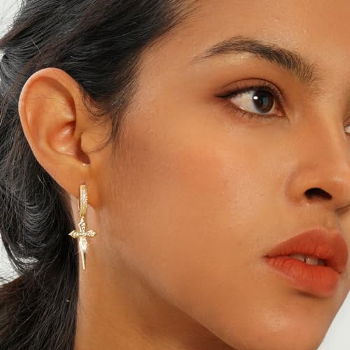 TOPGRILLZ Cross Hoop Dangle Earrings 925 Sterling Silver 5A+ Cubic Zirconia 14K Gold Hypoallergenic Cross Hoop Cuff Huggie Drop Earrings For Men Women - color: 925S Gold