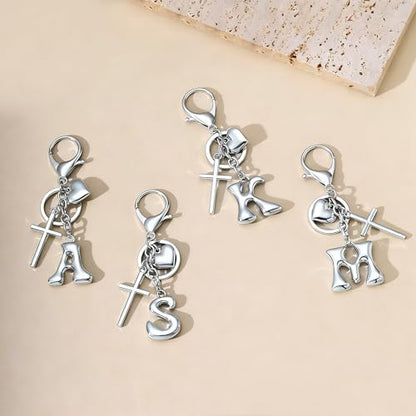 Initial Bag Charms Keychains Women, Cross Cute Heart Letter Key Chain Purse Backpack Handbags Keychain Christian Gift - color: Silver M