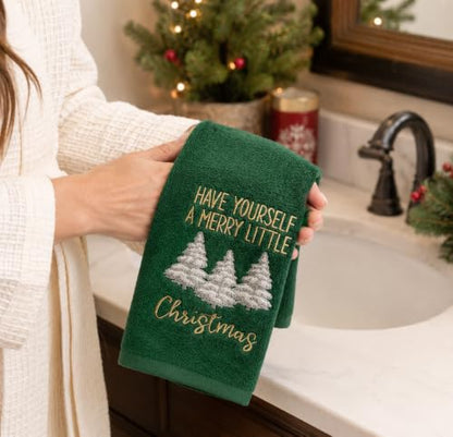Christmas Green Guest Hand Bathroom Towels Merry Little XMas Trees, 16x26" - color: Little Christmas