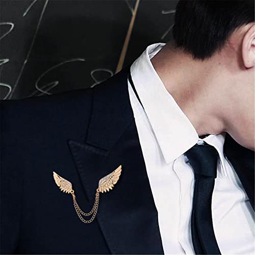 WCRAZYE Shiny Rhinestone Metal Feather Lapel Pin Angel Wings Tassel Chain Brooch Collar Pins for Women Girls Men's Animal Eagle Pin Suit Sweater Shawl Coat Breastpin Accessories - color: Gold Wings Pins