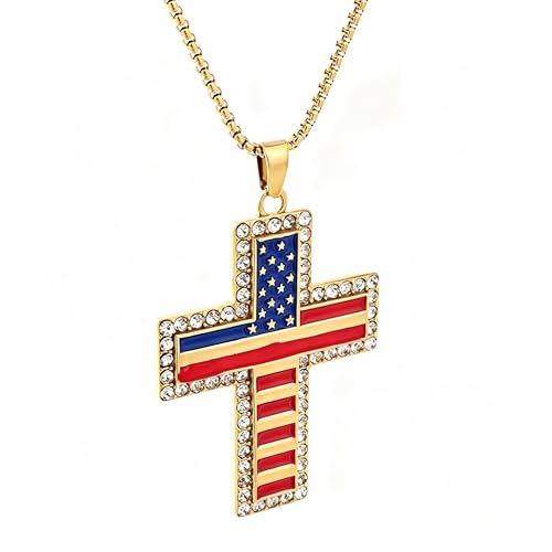 American Flag Cross Pendant Necklace, Silver-Tone, Stars and Stripes, Patriotic Religious Jewelry,for a gift box - color: Gold1