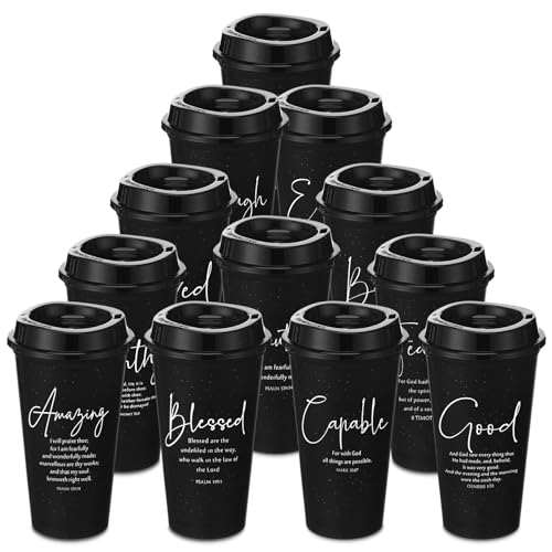 FoldTier 12 Pcs Church Gifts Inspirational Christian Coffee Cups Bulk Religious Gifts 16 oz Reusable Plastic Bible Verse Tumbler with Lid Straw Scripture Drinking Cup(Black) - color: Black