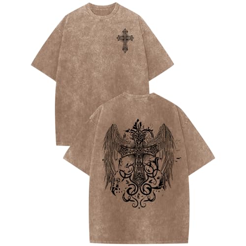 Vintage Goth Punk Shirts for Men Grunge Streetwear Oversized Tshirts Gothic Cross Graphic Tees Y2k Acid Wash T Shirt - color: Coffee, size: Medium