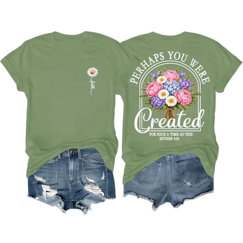 Christian Shirts for Women Floral Faith Bible Verse Graphic Tee Created for Such a Time as This T-Shirt - color: Green, size: 3X-Large