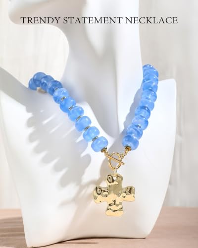 ZHESHY Chunky Beaded Necklaces for Women Heart Cross Statement Necklace - color: Blue 1