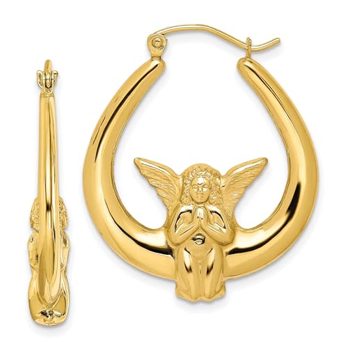 10k Yellow Gold Hoop Earrings with Praying Angel and Wings, Womens Religious Jewelry Featuring Christian Symbolism, Faith Based Spiritual Hoops, Angelic Theme for Devotional or Sacred Wear 19x4 mm