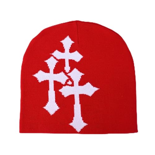 Fashion Knit Beanie with Cross Pattern Y2K Unisex Soft Jacquard Cap Popular Hip-Hop Cool Street Outdoor Sports Earflap Hat - color: Red