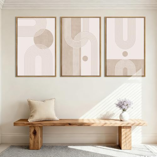 ANHUIB Extra Large Neutral Boho Abstract Canvas Wall Art Set of 3 Framed Mid Century Modern Wall Decor Beige Geometric Line Artwork Minimalist Prints 24x36 Inch Painting for Living Room Bedroom Dining Room Office - color: Neutral Line, size: 36"L x 24"W