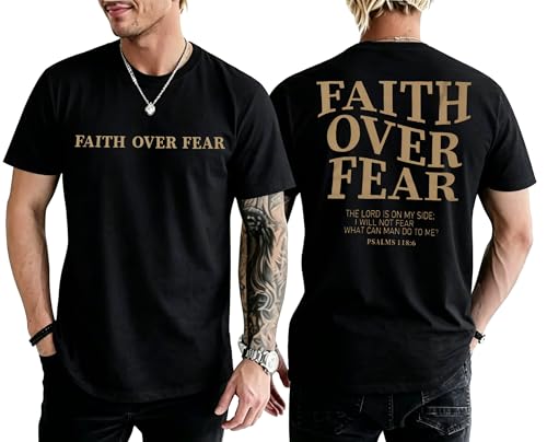 BANGELY Faith Over Fear Shirt Men Graphic Shirts Oversized Workout Gym Jesus Christian Religious Tees Short Sleeve Tops - color: Black, size: Large