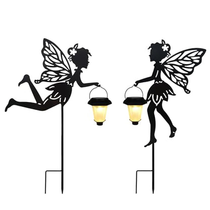 SUNNYPARK 2 Pack Solar Fairy Garden Metal Stake Decorative Lantern - size: Fairy1