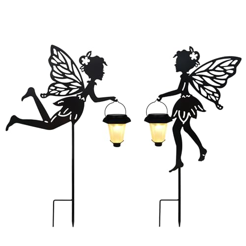 SUNNYPARK 2 Pack Solar Fairy Garden Metal Stake Decorative Lantern - size: Fairy1