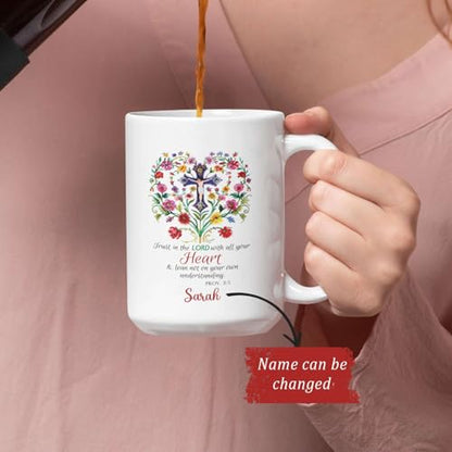 Personalized Bible Verse Ceramic Cup, Inspirational Mug Gift For Christian, Cross In Floral Heart Design On White Mug, Customized Name Christian Faith Coffee Mug 11oz, Custom Religious Gift - color: XUA-624-2303-A Cross In Floral Heart
