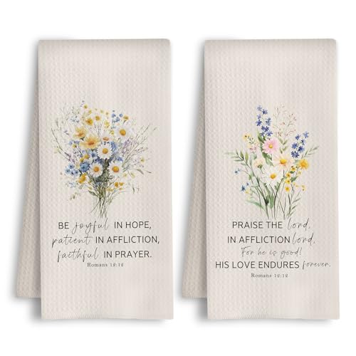 Christian Floral Kitchen Towels, Romans 12:12 Bible Verse Dish Tea Towels, Religious Faith Based Gifts Decorative Hand Towel for Bathroom Kitchen, 16x24 Inch Set of 2 - color: Lamentations 3:23- Floral