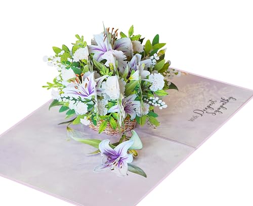 Purple Lilies Basket Pop Up Sympathy Cards with Envelopes, 6x8 in Sorry for Your Loss Card, Religious Pop Up Sympathy for Loss of Loved one, Mother, Father, Husband (Purple Lilies Basket) - color: Purple Lilies Sympathy