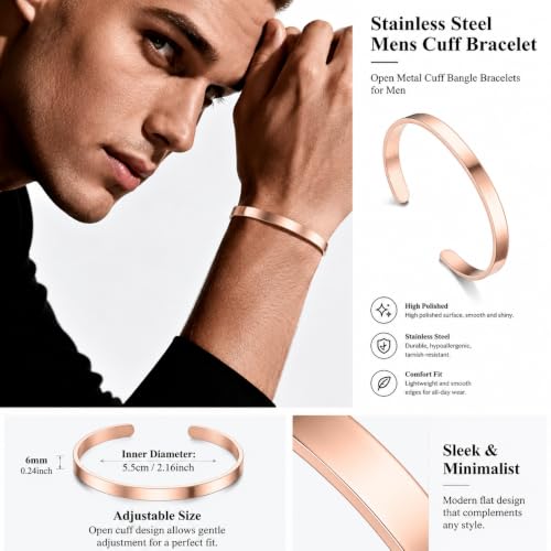 Stainless Steel Cuff Bracelet for Men, Adjustable Open Metal Bangle Bracelet, Minimalist Mens Jewelry Gift - color: rose gold