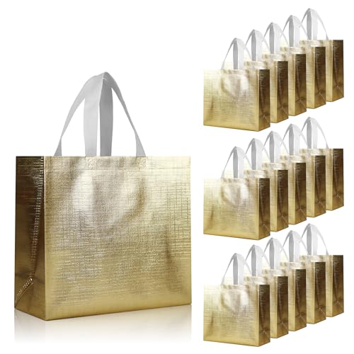 cabzymx 16 Pcs Glossy Gold Reusable Gift Bags, Metallic Bling Design Holiday Goodie Bags with Handles & Bases, Non-woven Gift Bag Bulk for Birthday, Wedding, Parties, Graduation- 12.6x4.7x11 In - color: Gold, size: 1 Count (Pack of 16)