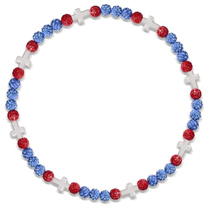 Beaded Baseball Necklace | Adjustable Sports Rope Chain with Baseball Cross Charm - Great Baseball Drip Gift for Players and Fans - color: Light Blue-Red-Wht
