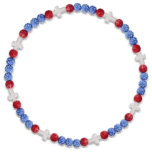 Beaded Baseball Necklace | Adjustable Sports Rope Chain with Baseball Cross Charm - Great Baseball Drip Gift for Players and Fans - color: Light Blue-Red-Wht
