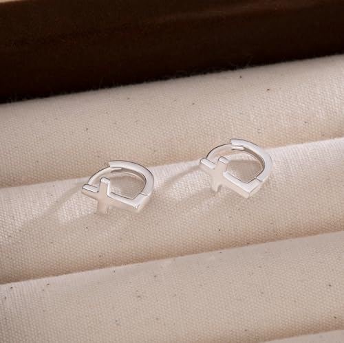 Reffeer Solid 925 Sterling Silver Cross Hoop Earrings for Women Teen Girls Small Cross Huggie Earrings Cartilage Helix - color: A-Silver
