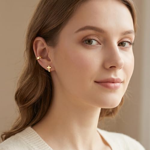 Reffeer Solid 925 Sterling Silver Cross Hoop Earrings for Women Teen Girls Small Cross Huggie Earrings Cartilage Helix - color: B-Yellow