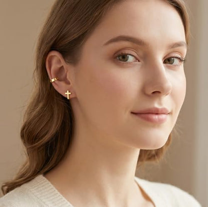 Reffeer Solid 925 Sterling Silver Cross Hoop Earrings for Women Teen Girls Small Cross Huggie Earrings Cartilage Helix - color: B-Yellow