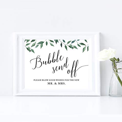 Andaz Press Wedding Party Signs, Natural Greenery Green Leaves, 8.5x11-inch, Bubble Send Off Please Blow Good Wishes for the New Mr. & Mrs. Sign, 1-Pack Wedding Send Off Ideas - color: Activities Bubbles Good Wishes